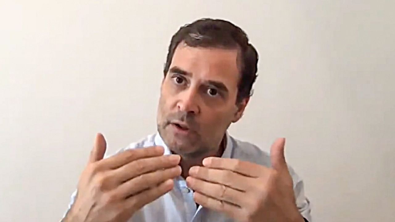 Congress leader Rahul Gandhi during an interaction with the media on government's Covid vaccine management, via video conferencing, in New Delhi. Credit: PTI Photo