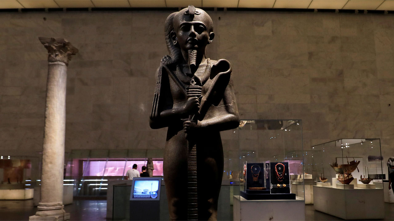 View of a sculpture as visitors tour the pharaonic antiquities zone at the National Museum of Egyptian Civilization in Cairo, Egypt. Credit: Reuters Photo