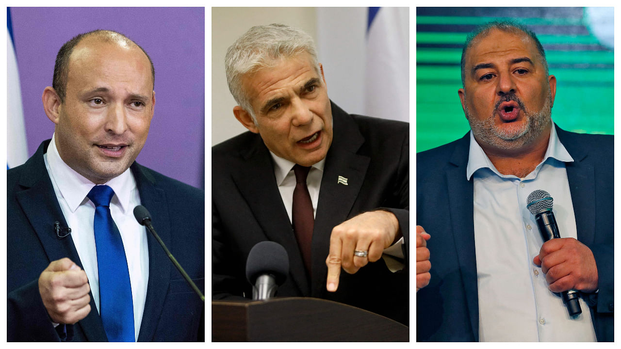 Naftali Bennett, Yair Lapid and Mansour Abbas (From L to R). Credit: AFP Photos
