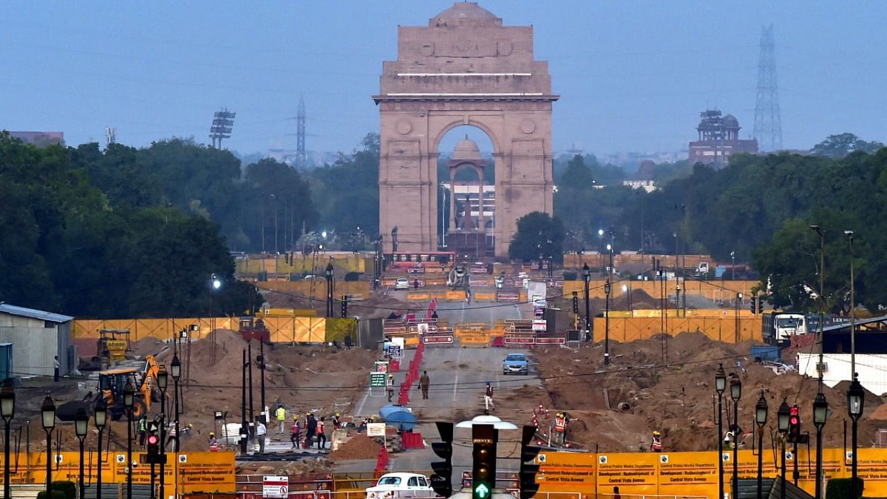 Construction work under way as part of the Central Vista Redevelopment Project, at Rajpath in New Delhi. Credit: PTI Photo