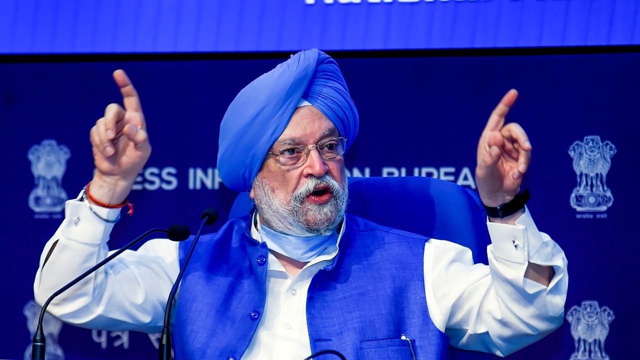 Minister of Housing and Urban Affairs Hardeep Singh Puri addresses a press conference on Central Vista Project and related matters, in New Delhi, Monday, May, 31, 2021. Credit: PTI Photo