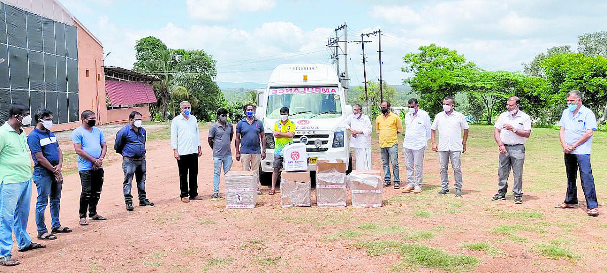 Town Panchayat president Jaivardhan launches an ambulance service in Kushalnagar.