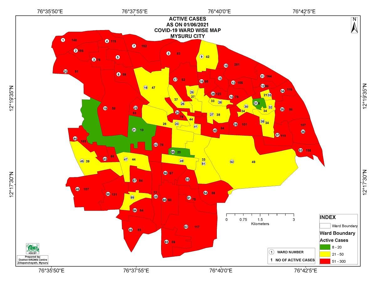 Ward-wise map of Covid-19 incidences in Mysuru issued by the district administration.