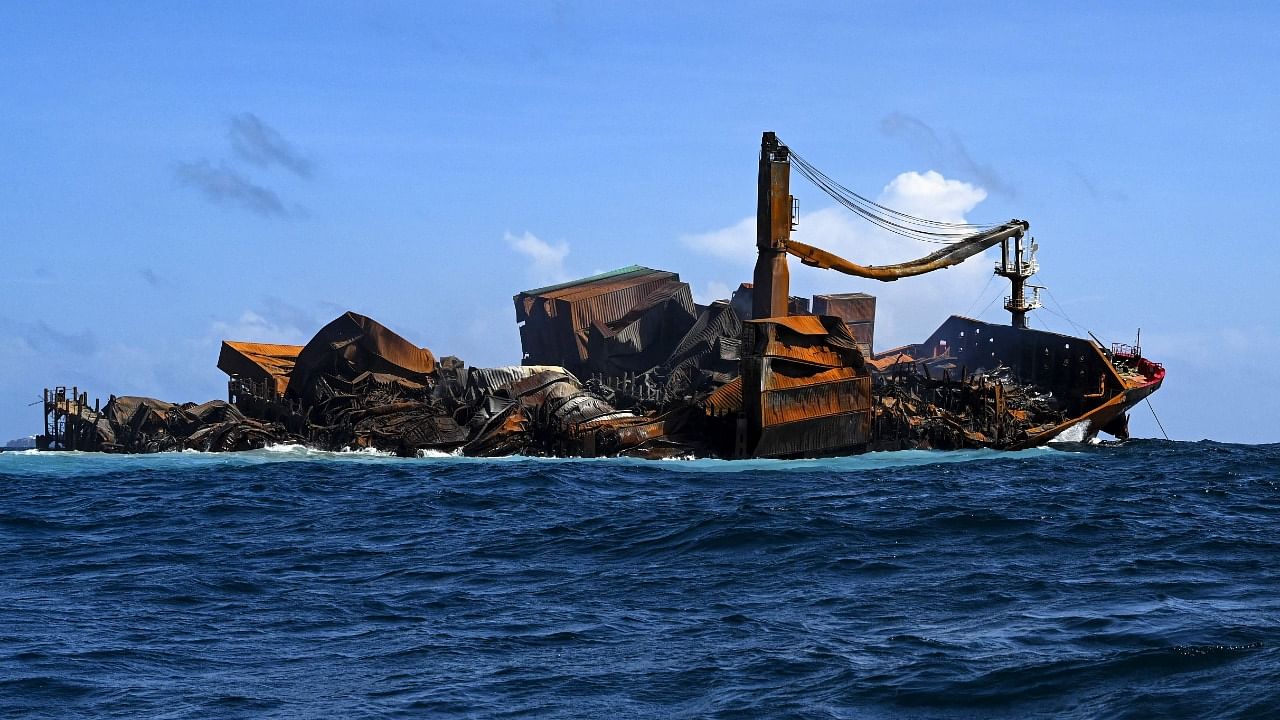 Container ship MV X-Press Pearl carrying hundreds of tonnes of chemicals and plastics, sinks after burning for almost two weeks, just outside Colombo's harbour. Credit: AFP Photo