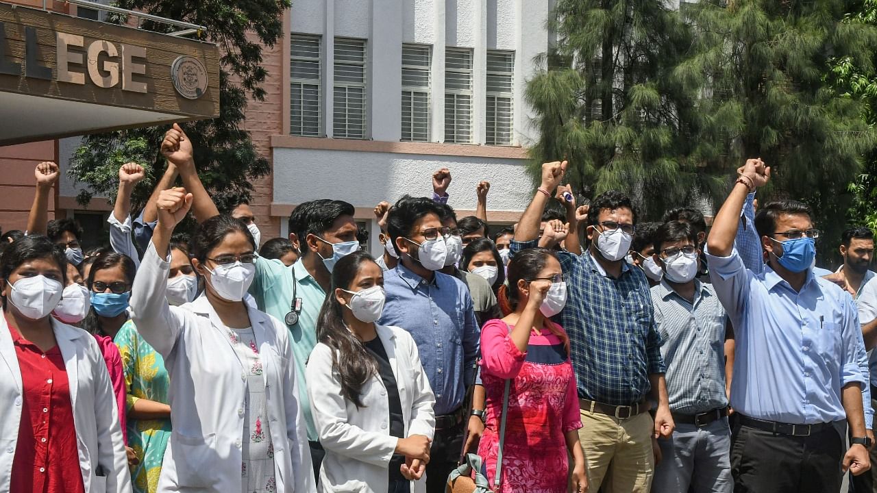 Junior doctors stage a protest during their indefinite strike. Credit: PTI Photo