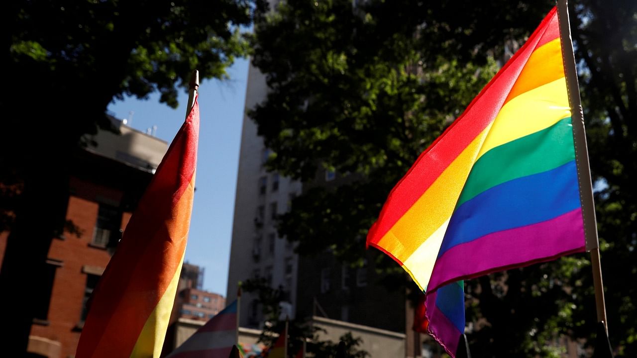 A rainbow flag, commonly known as the gay pride flag or LGBT pride flag, blows in the wind inside Christopher Park outside the Stonewall Inn in New York. Credit: Reuters File Photo