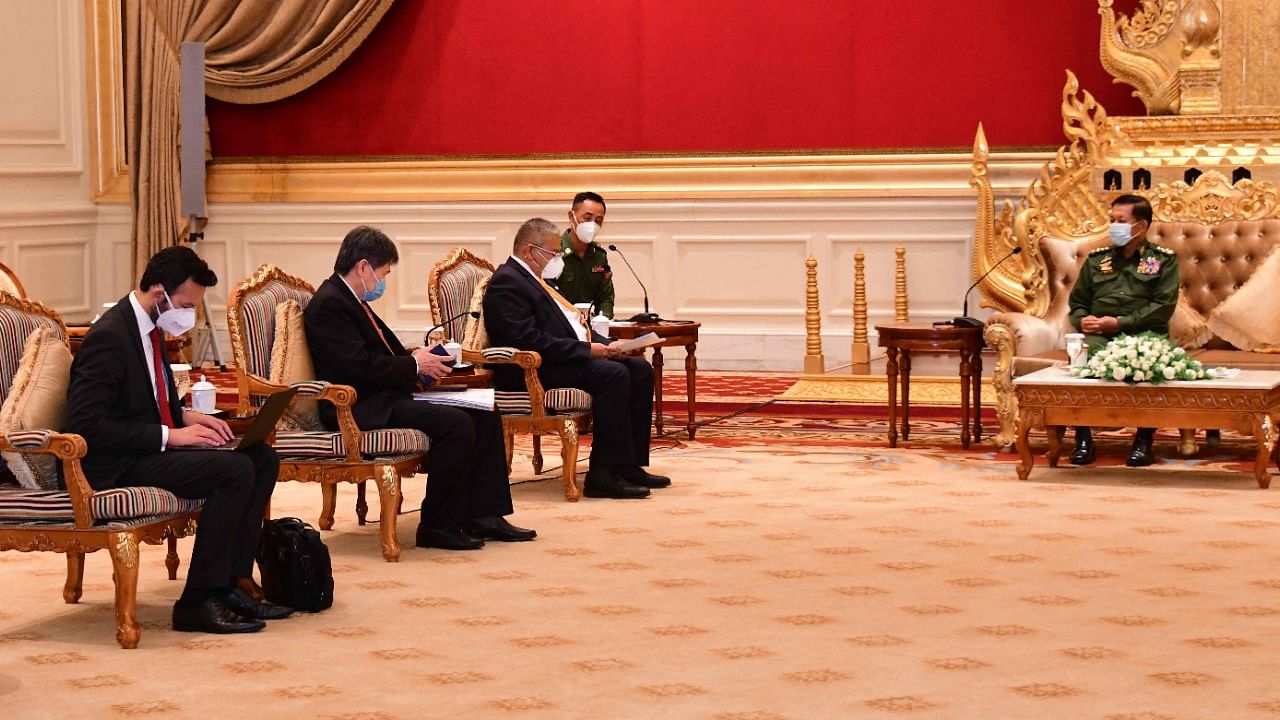  Myanmar armed forces chief Senior General Min Aung Hlaing (R) meeting with Brunei's Second Minister of Foreign Affairs Erywan Yusof (3rd L) and ASEAN Secretary-General Lim Jock Hoi (2nd L) in Naypyidaw. Credit: AFP Photo/Myanmar News Agency