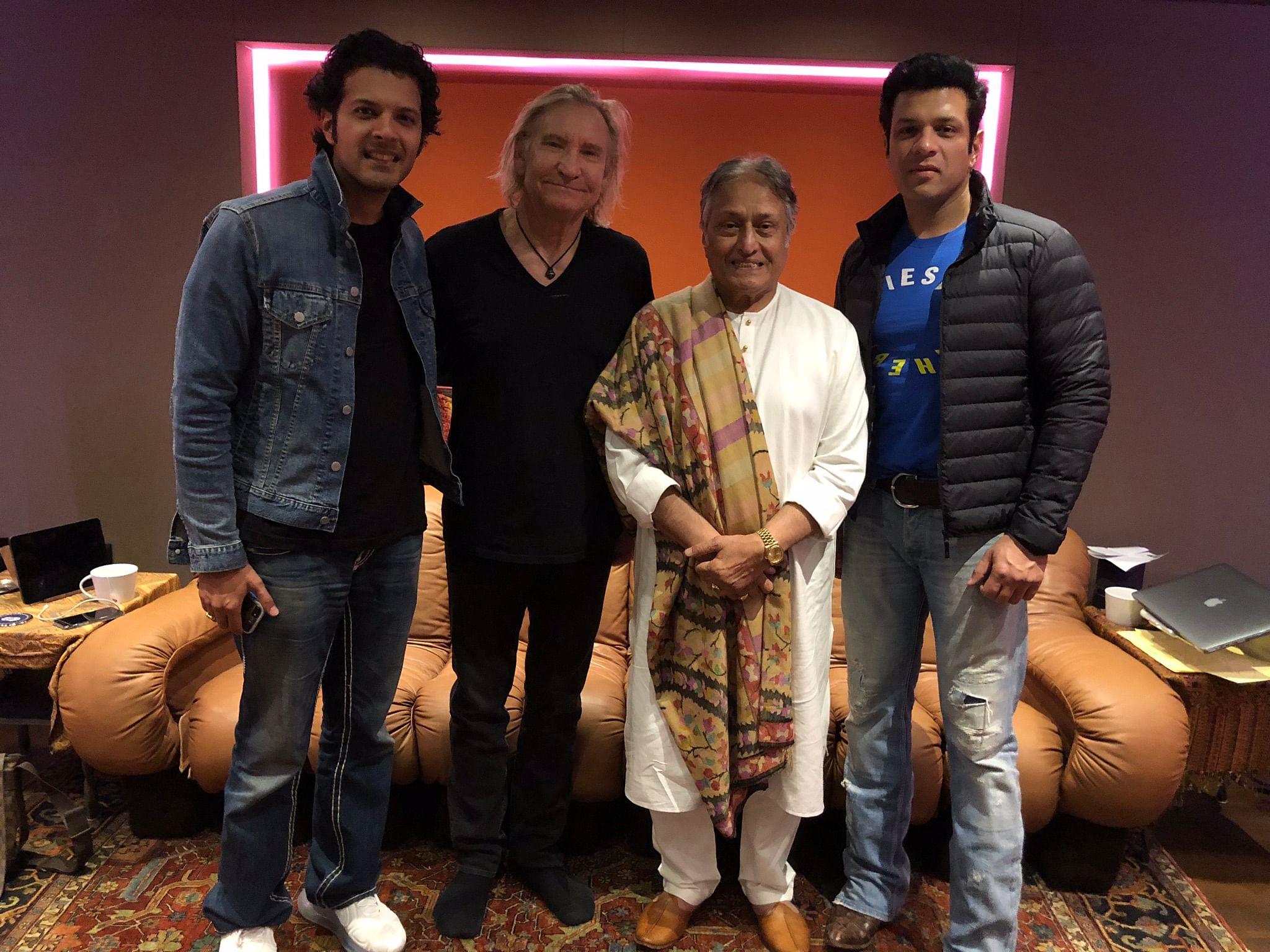 (From left) Ayaan Ali Bangash, Joe Walsh, Ustad Amjad Ali Khan and Amaan Ali Bangash have collaborated on an unusual project.