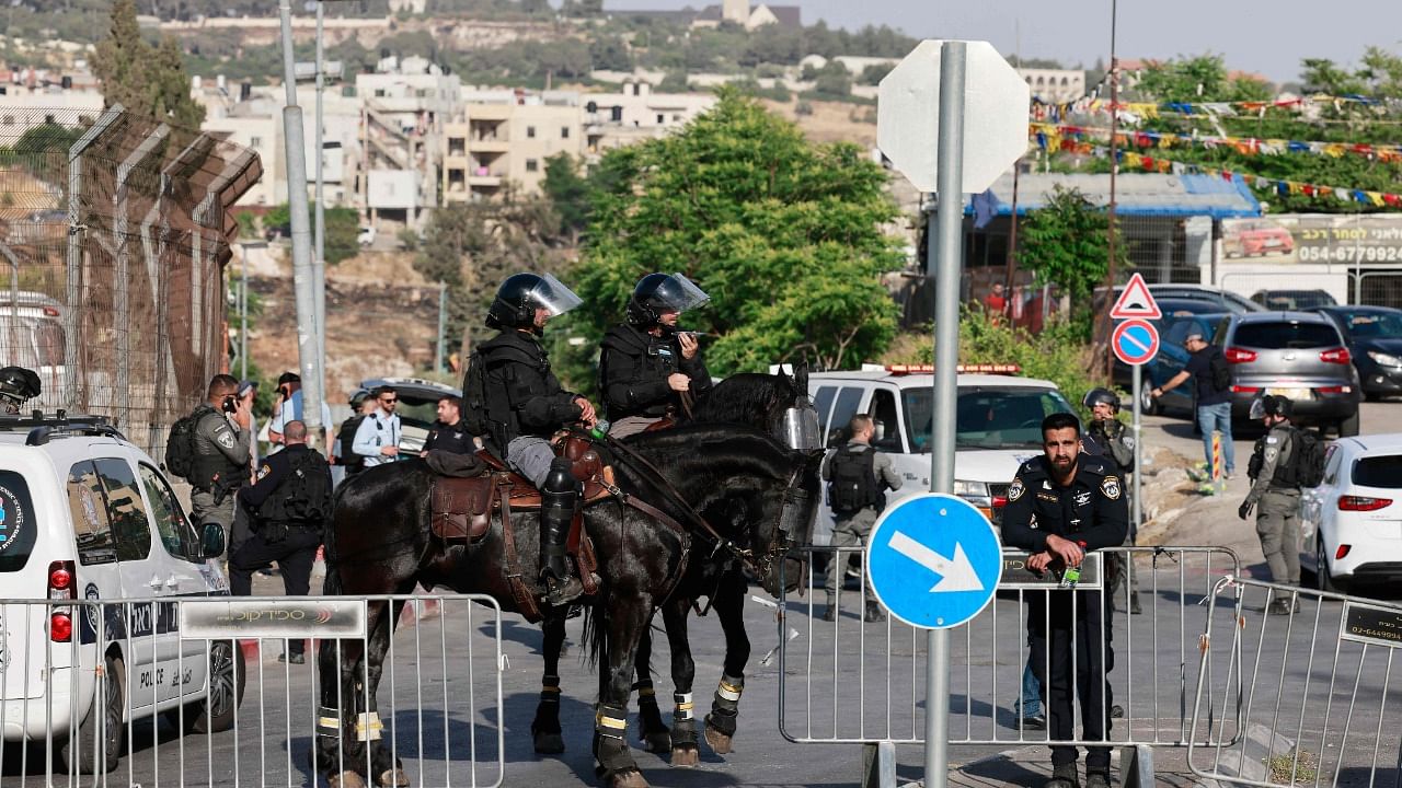 Mounted Israeli police monitor the spot where a car-ramming attack wounded several people, including four police officers, in the flashpoint Sheikh Jarrah neighbourhood of Israeli-annexed east Jerusalem. Credit: AFP File Photo