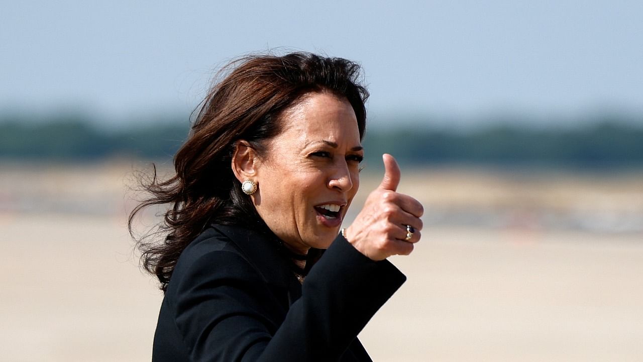 US Vice President Kamala Harris gestures as she boards Air Force Two, after changing planes due to technical difficulties, for her first international trip as Vice President to Guatemala and Mexico. Credit: Reuters photo