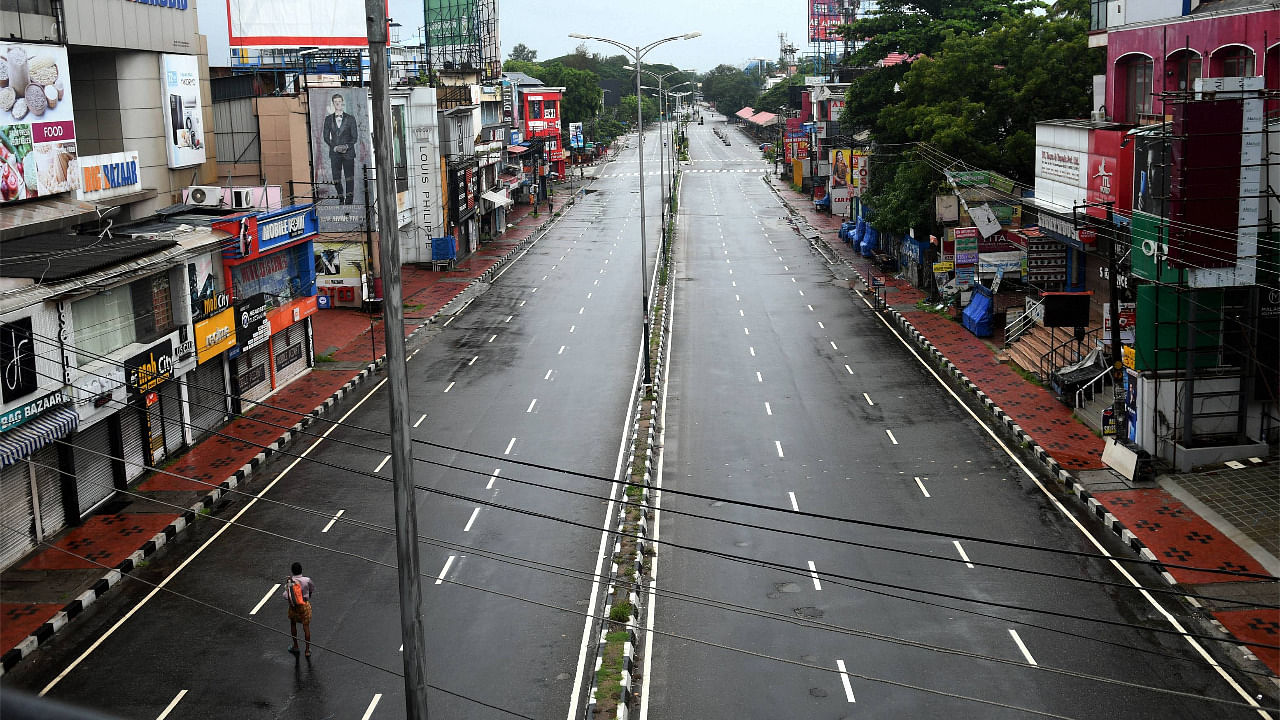 MG Road wears a deserted look during Covid-19 lockdown in Thiruvananthapuram. Credit: PTI Photo