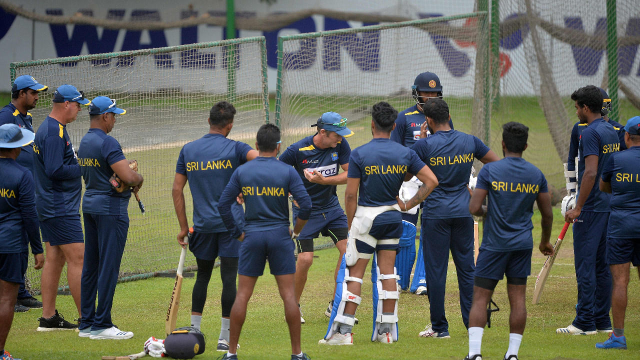 Sri Lanka’s cricketers attend a training session. Credit: AFP Photo