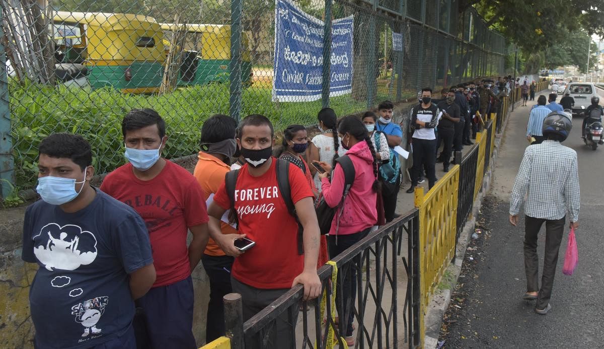 People waiting to get vaccinated in Bengaluru. Credit: DH Photo/ B H Shivakumar