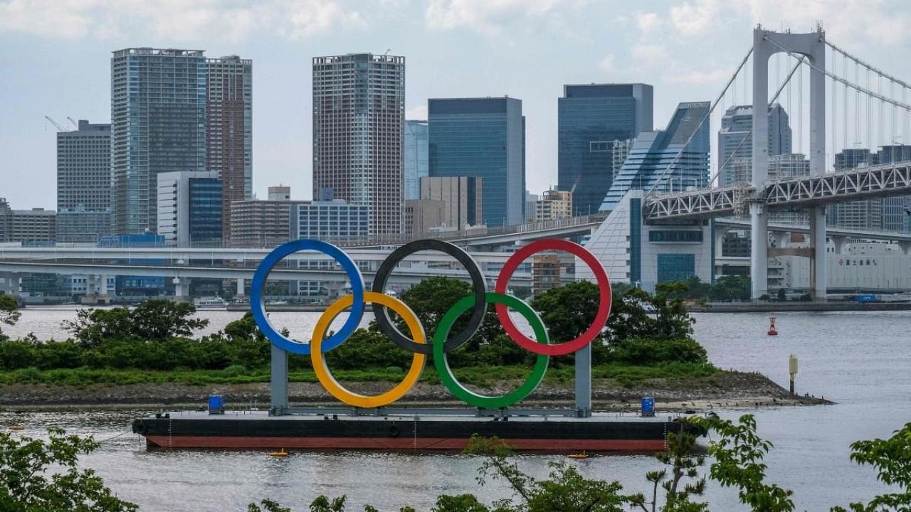 The Olympic rings are seen at the Odaiba waterfront in Tokyo. Credit: AFP Photo