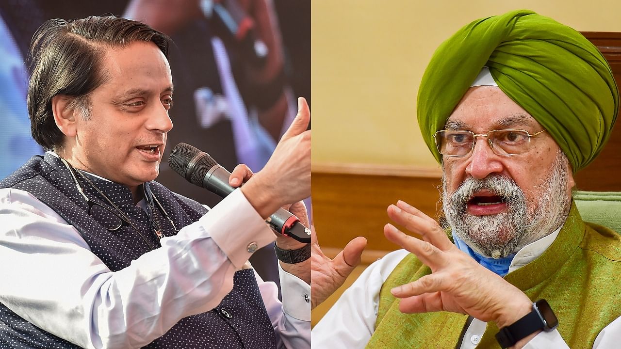 Congress MP Shashi Tharoor (L) and Union Aviation Minister Hardeep Singh Puri. Credit: PTI Photos