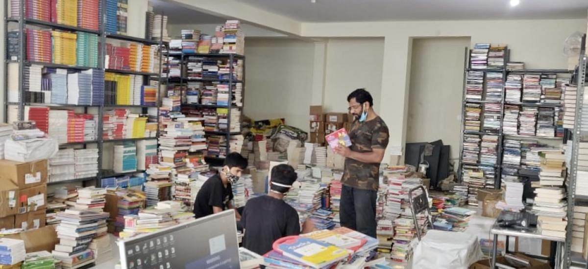 A warehouse set up by Blossoms in Banaswadi during the lockdown. Many stores are taking orders on the phone, and couriering books to their customers.