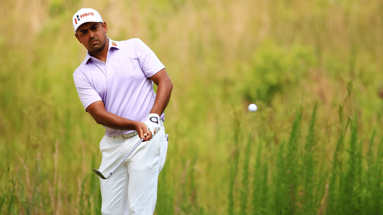Anirban Lahiri of chips onto the 10th hole during the first round of the Palmetto Championship. Credit: AFP Photo