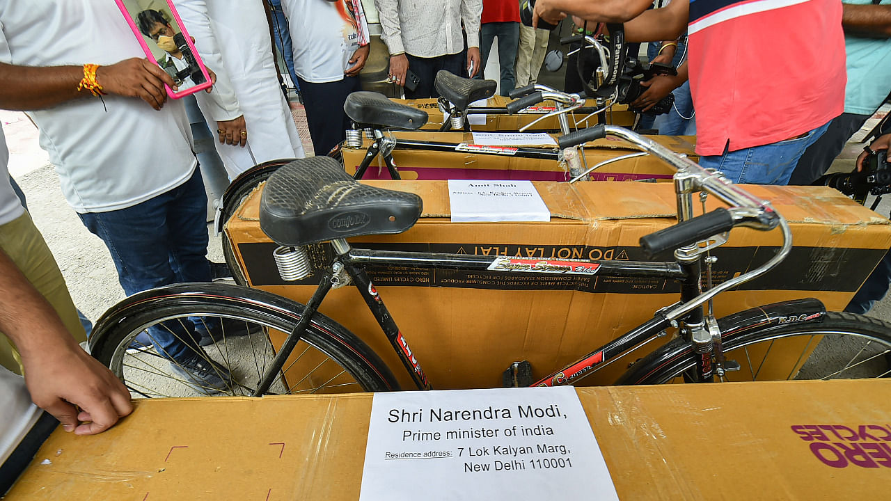 A view of the bicycles being sent to PM Narendra Modi and other leaders by the Indian Youth Congress. Credit: PTI Photo