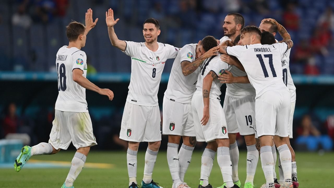 Italy's players celebrate their first goal in a 3-0 win over Turkey in the opening fixture of Euro 2020. Credit: Reuters Photo