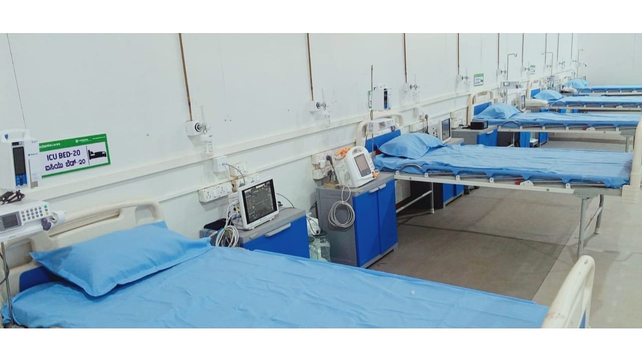 ICU beds arranged at 'Vedanta Cares' Covid field hospital opened at KIMS premises in Hubballi on Saturday. Credit: DH photo