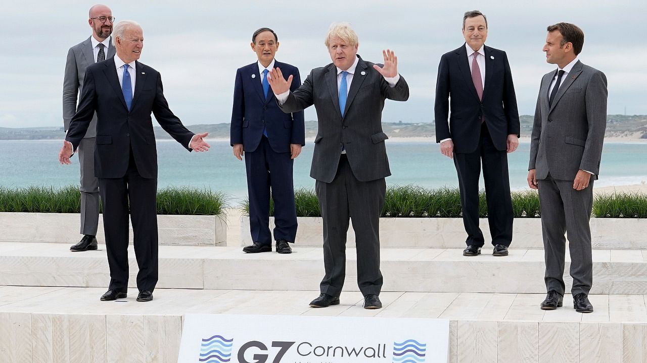 U.S. President Joe Biden and British Prime Minister Boris Johnson gesture as they pose for a family photo with G-7 leaders. Credit: Reuters Photo