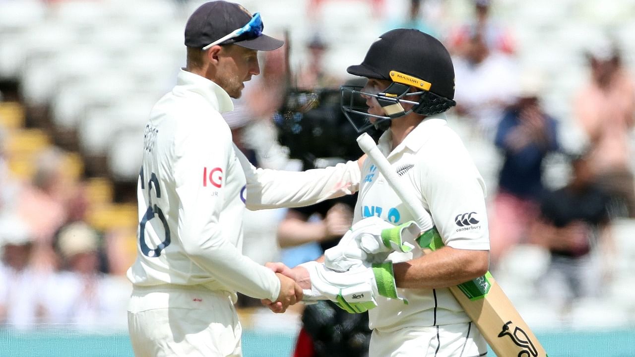 England's Joe Root shakes hands with New Zealand's Tom Latham after the match. Credit: Reuters File Photo