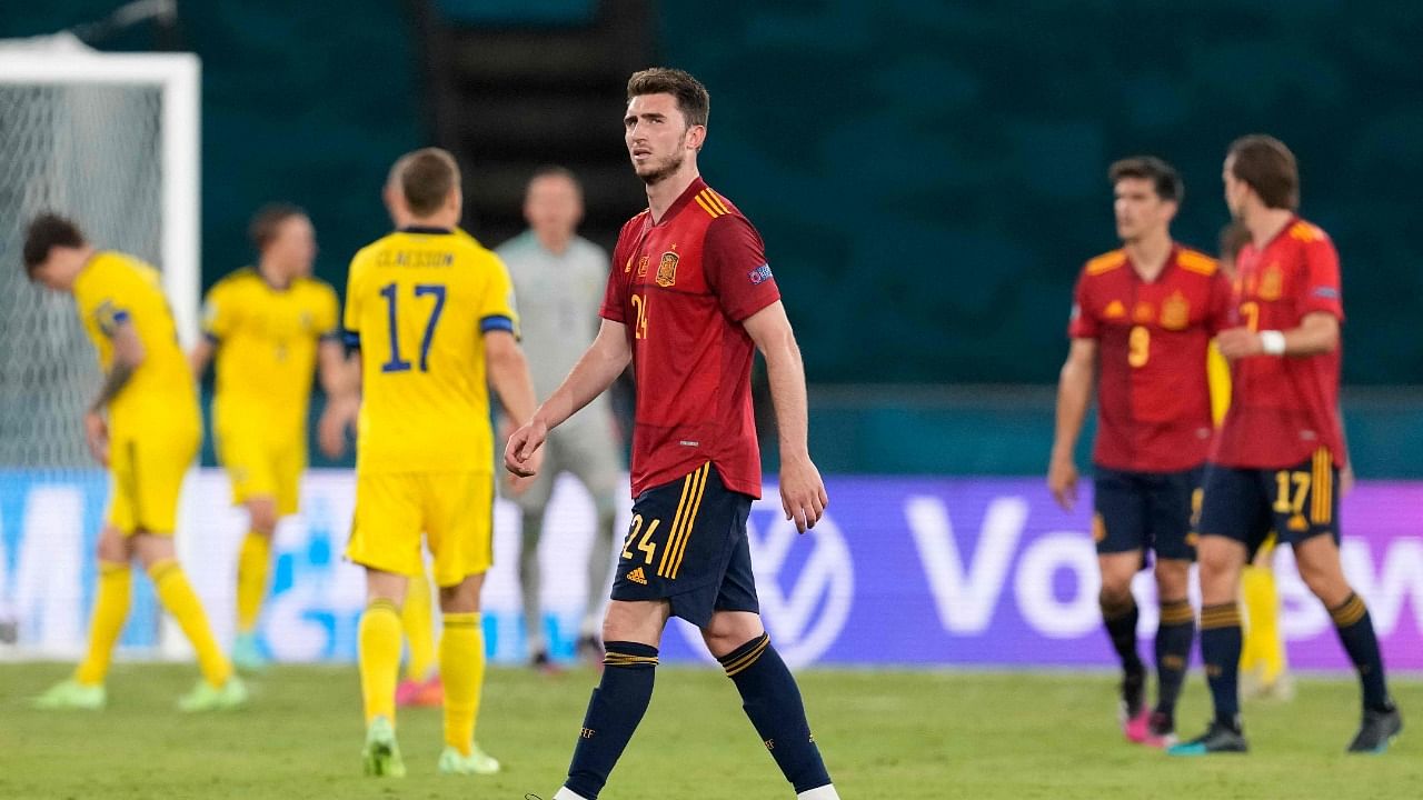 Spain's defender Aymeric Laporte is dismayed after their draw in the Euro 2020 Group E football match between Spain and Sweden at La Cartuja Stadium in Sevilla. Credit: AFP Photo