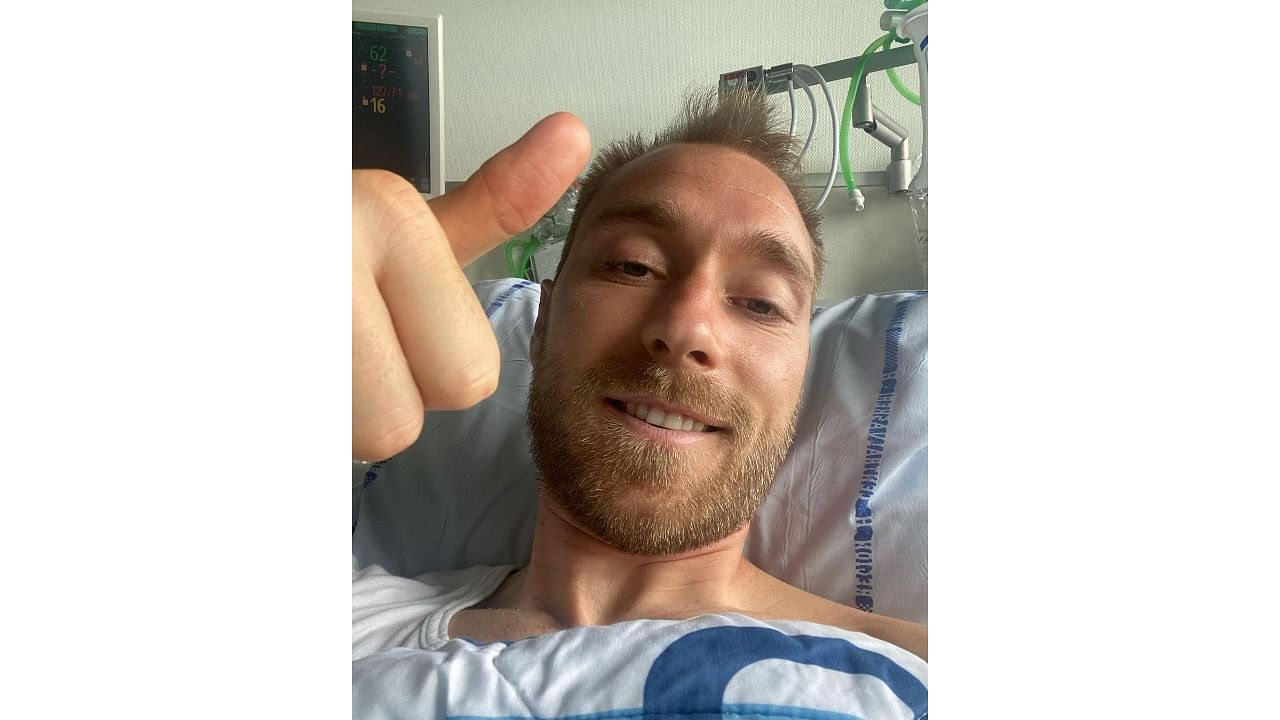 Danish footballer Christian Eriksen gives a thumbs-up at Rigshospitalet, where he is treated after he collapsed during a UEFA Euro 2020 game on Saturday, in Copenhagen. Credit: Danish Football Association photo/Reuters