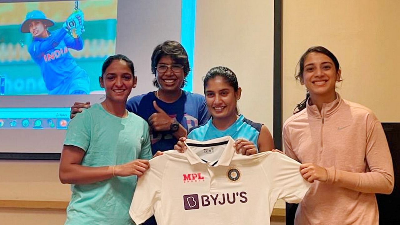 Indian women cricketers Harmanpreet Kaur, Jhulan Goswami, Mithali Raj and Smriti Mandhana at the unveling of the team's new Test kit ahead of the India and England Test. Credit: PTI Photo