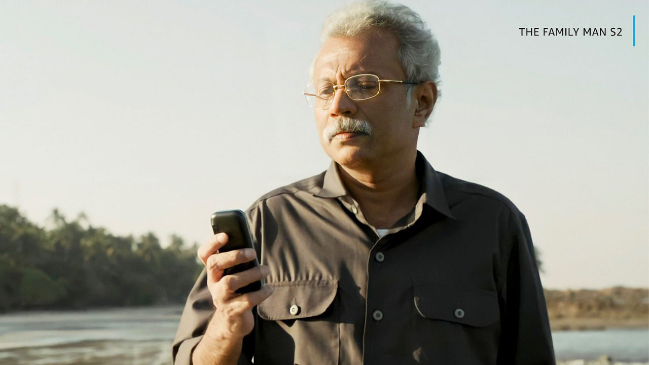 Actor Uday Mahesh, who plays the role of Chellam Sir, in a still from Family Man Season 2. Credit: Twitter/amazonprimevideo