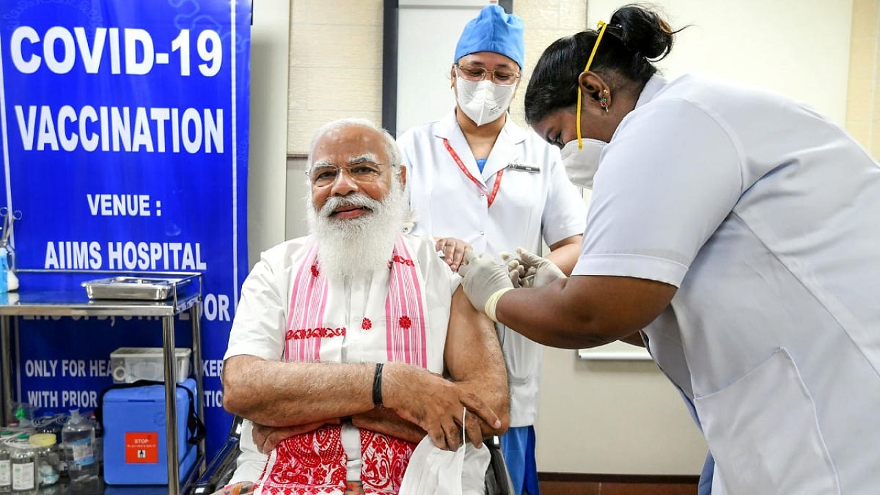 PM Modi receives Covid-19 vaccine. Credit: PTI Photo