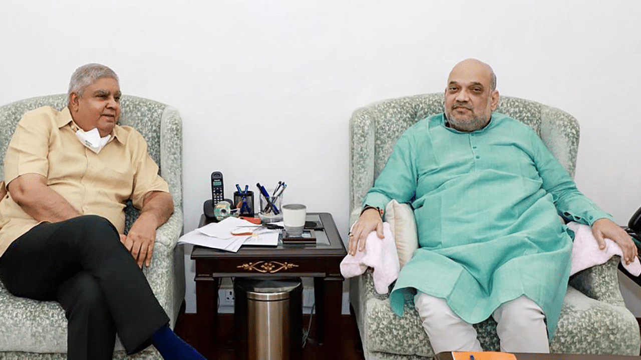 West Bengal Governor Jagdeep Dhankhar meets Union Home Minister Amit Shah. Credit: PTI Photo