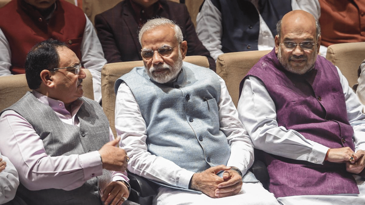 Prime Minister Narendra Modi, Union Home Minister Amit Shah and BJP National President JP Nadda. Credit: PTI Photo