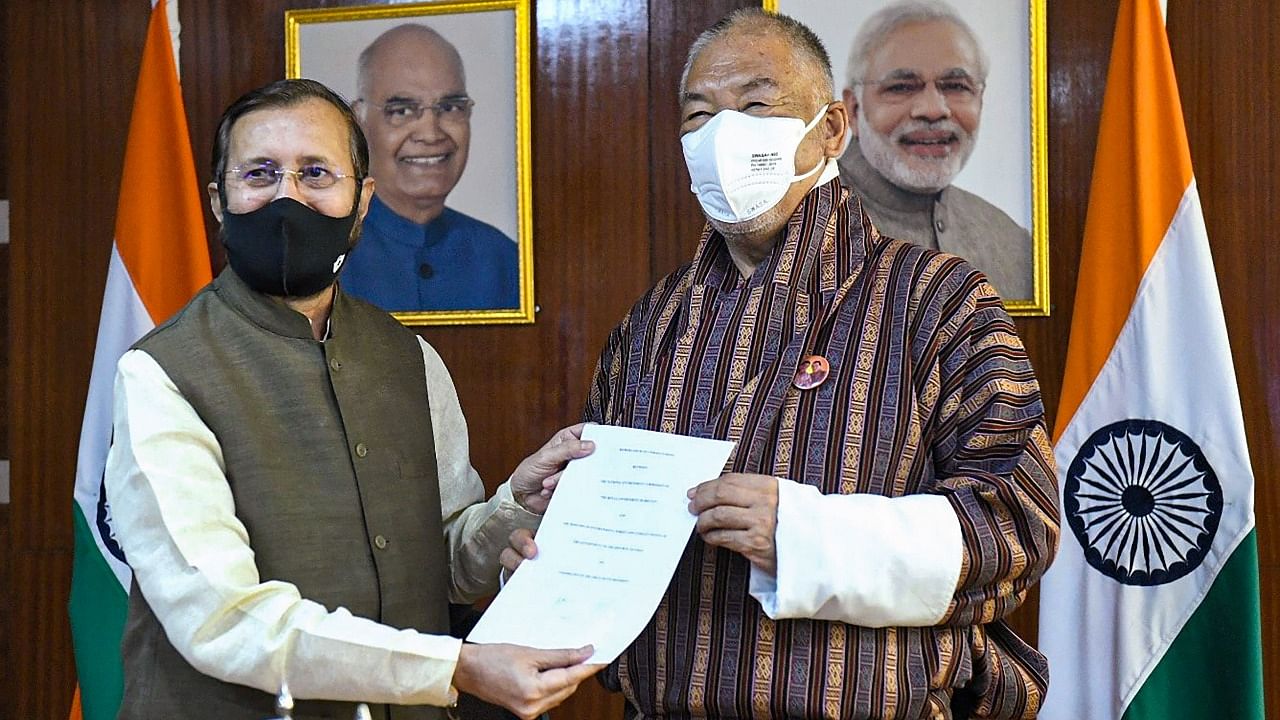 Union Minister for Environment, Forest & Climate Change Prakash Javadekar, during the signing ceremony of Memorandum of Understanding between India and Bhutan. Credit: PTI Photo