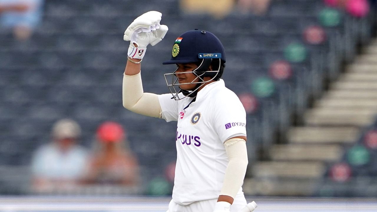 Shafali Verma celebrates her half-century during day two of the Women's International Test cricket match against England, at the Bristol County Ground. Credit: AP/PTI photo