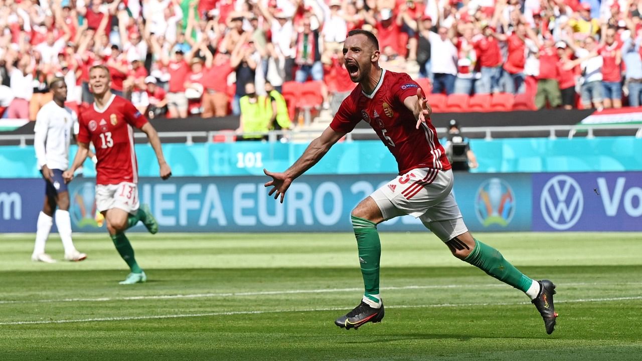 Hungary's Attila Fiola celebrates scoring their first goal during a 1-1 draw with France in Euro 2020. Credit: Reuters Photo