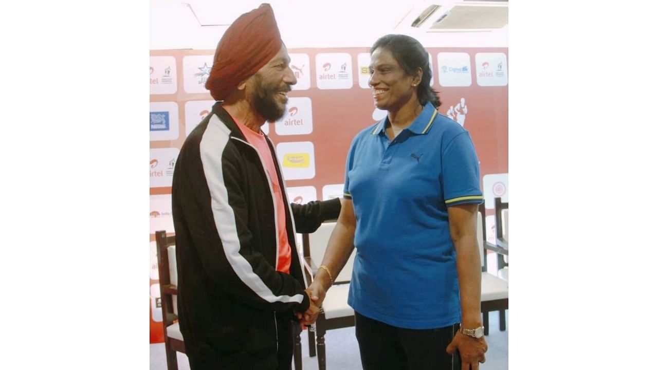 The late Milkha Singh (L) with former Indian sprinter P T Usha. Credit: Twitter/@PTUshaOfficial