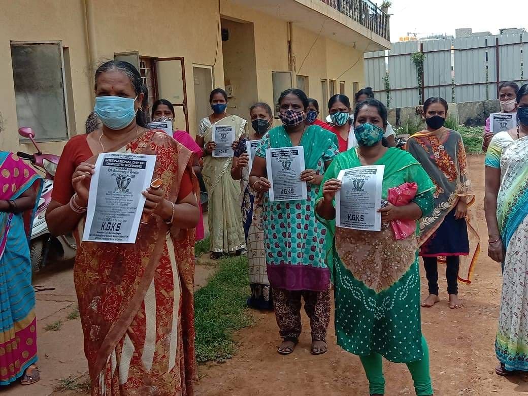 To mark International Domestic Workers’ Day on June 16, domestic workers demonstrated in Bengaluru for better working conditions.