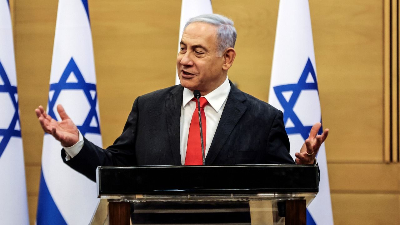 Leader of Israeli Opposition Benjamin Netanyahu speaks during a meeting with his Likud party in the Knesset, the Israeli parliament, in Jerusalem June 14, 2021. Credit: Reuters Photo