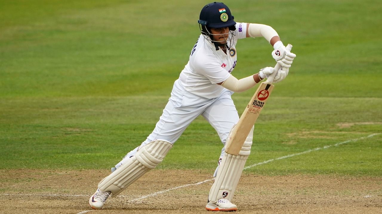 India's Shafali Verma in action during day three of the Women's International Test match between England and India at the Bristol County Ground in Bristol, England, Friday, June 18, 2021. Credit: AP/PTI Photo
