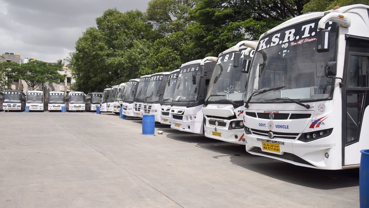 KSRTC buses ready to resume service on Monday as Covid-19 restrictions are eased as part of Unlock 2.0. Credit: DH Photo/S K Dinesh
