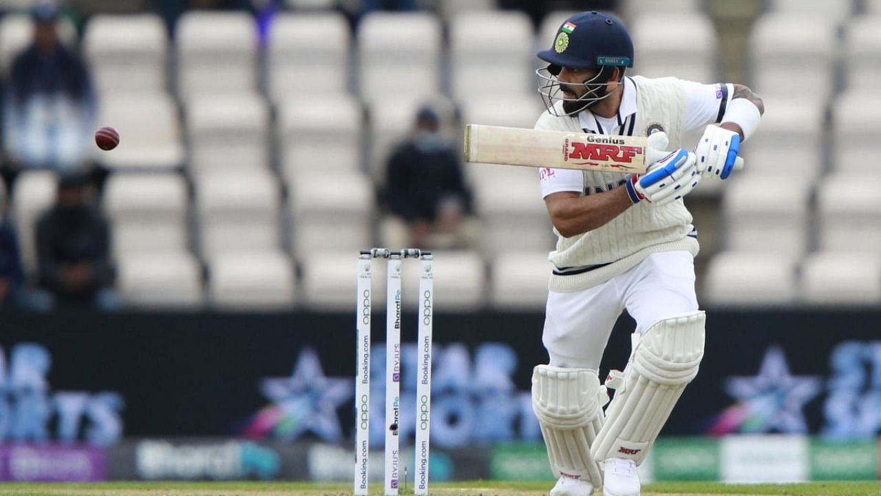 Virat Kohli plays a shot on the second day of the World Test Championship final against New Zealand in Southampton on Saturday. India were 146/3 at close. Credit: AP Photo