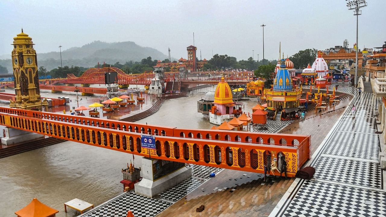 A deserted view of Har Ki Pouri on the occasion of Ganga Dussehra festival after authorities cancelled the Ganga Snan for devotees due to Covid-induced lockdown, in Haridwar. Credit: PTI Photo