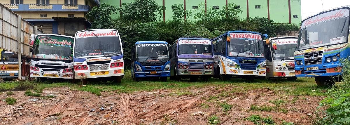 Private buses parked in Somwarpet. Credit: special arrangement
