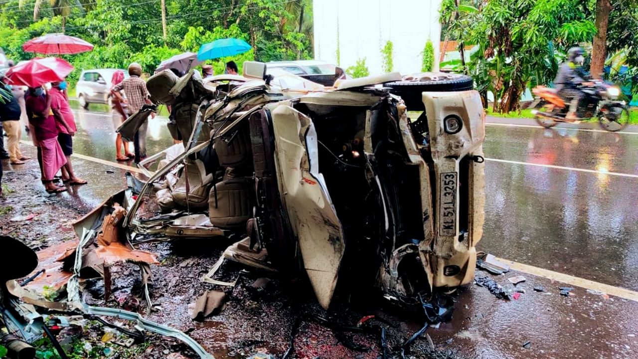  A crushed car after it collided with a truck, in Kozhikode. Credit: PTI Photo