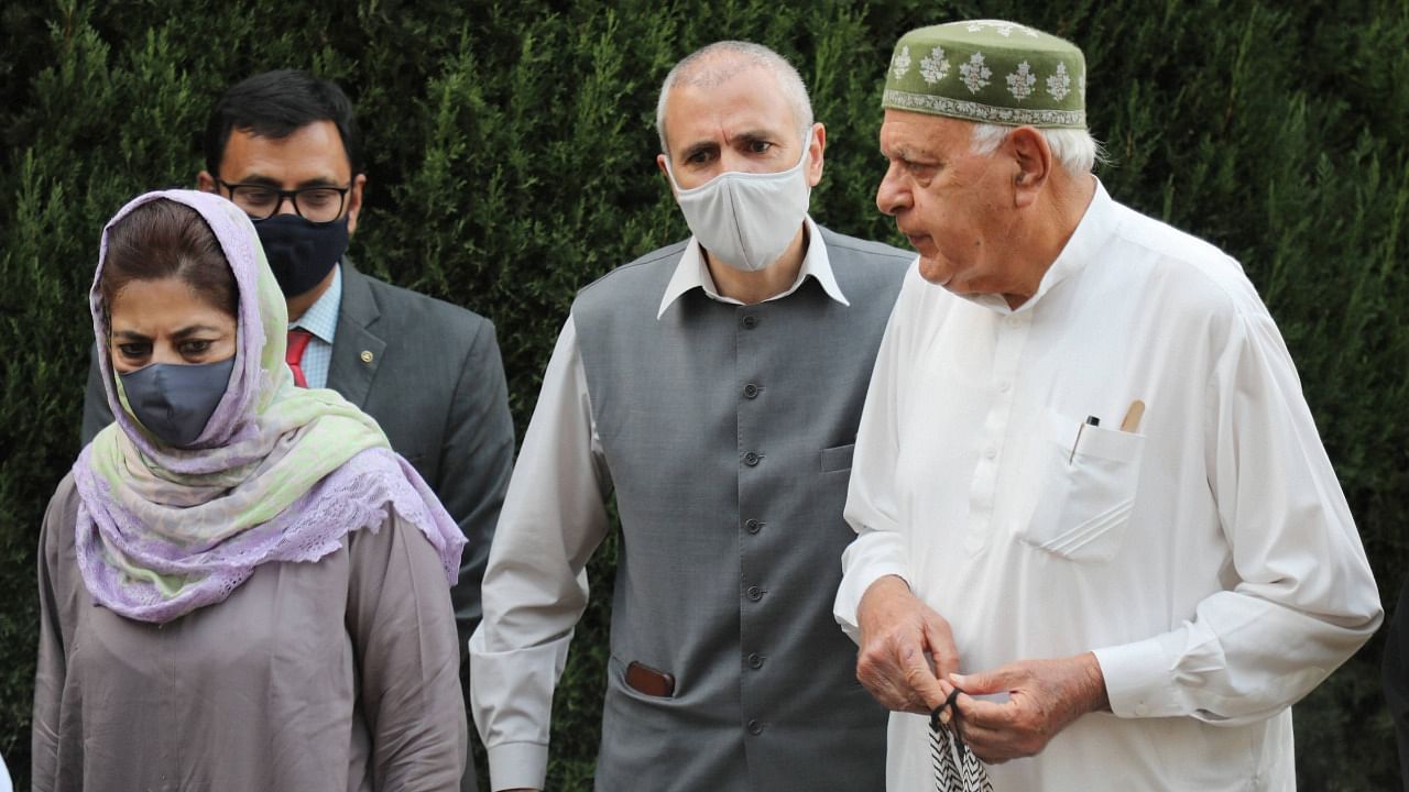 Members of People's Alliance for Gupkar Declaration Farooq Abdullah, Mehbooba Mufti, Omar Abdullah and others during a press conference after their meeting, at Bathindi in Jammu. Credit: PTI Photo