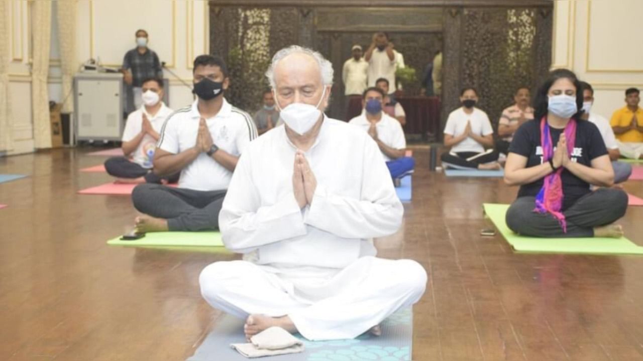 At the Raj Bhavan, Koshyari along with officers and other staff participated in a yoga session. Credit: Twitter/@BSKoshyaria