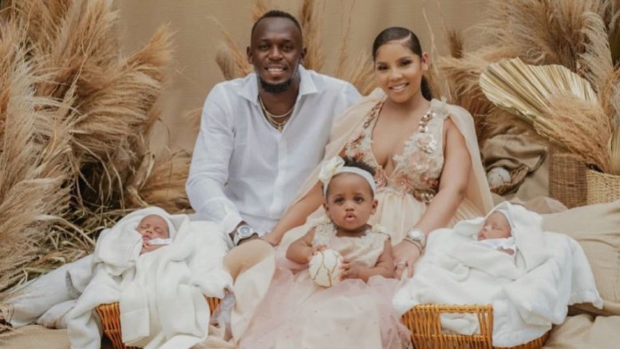 Partner Kasi Bennett also posted a shot of the couple posing with the twins and daughter Olympia. Credit: Twitter/@usainbolt