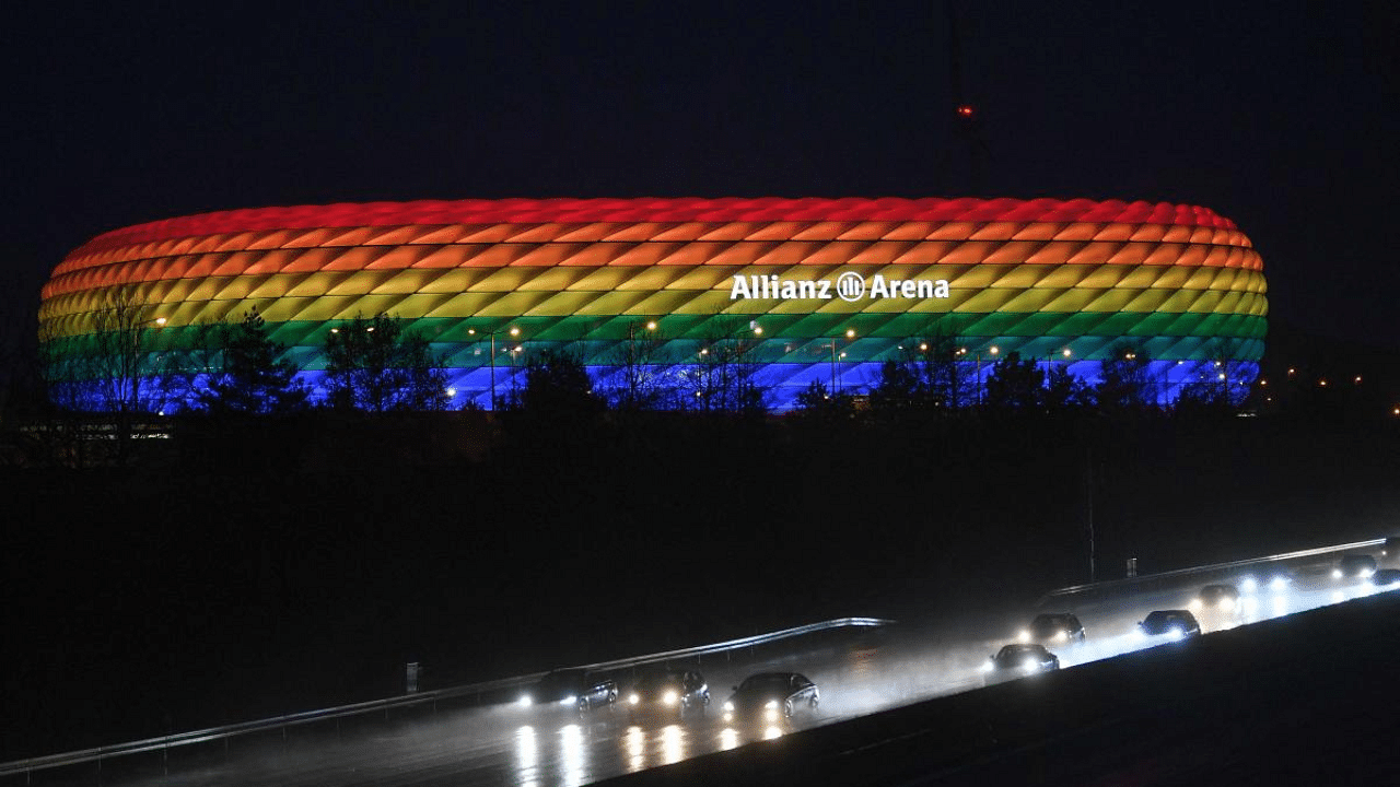 Allianz Arena illuminated in the rainbow colours. Credit: AFP File Photo