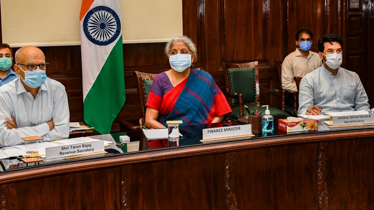 Finance Minister Nirmala Sitharaman during a meeting with MoS Finance Anurag Thakur, Secy (Rev.) and Infosys delegation at North Block in New Delhi. Credit: PTI Photo